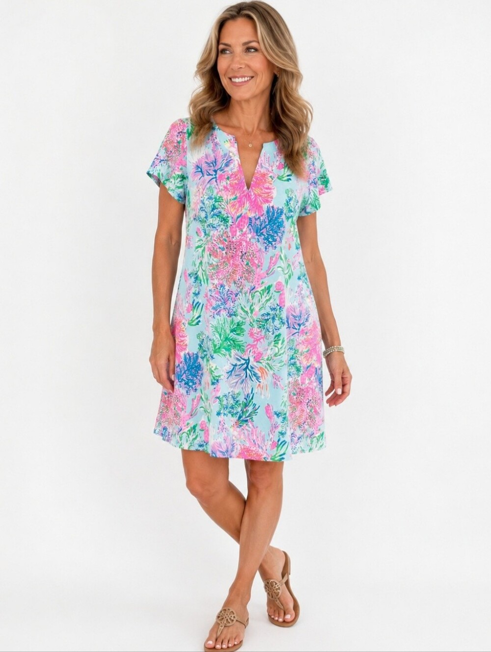 Lilly Pulitzer Women's Shift Dress Size Large Blue Pink Tropical Coral Print - Picture 1 of 11